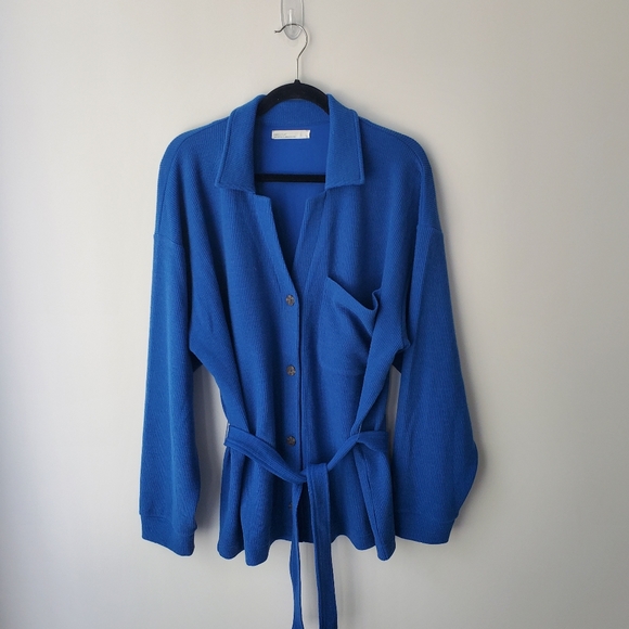 Oak + fort oversized  blue ribbed jacket sweater - Picture 1 of 9